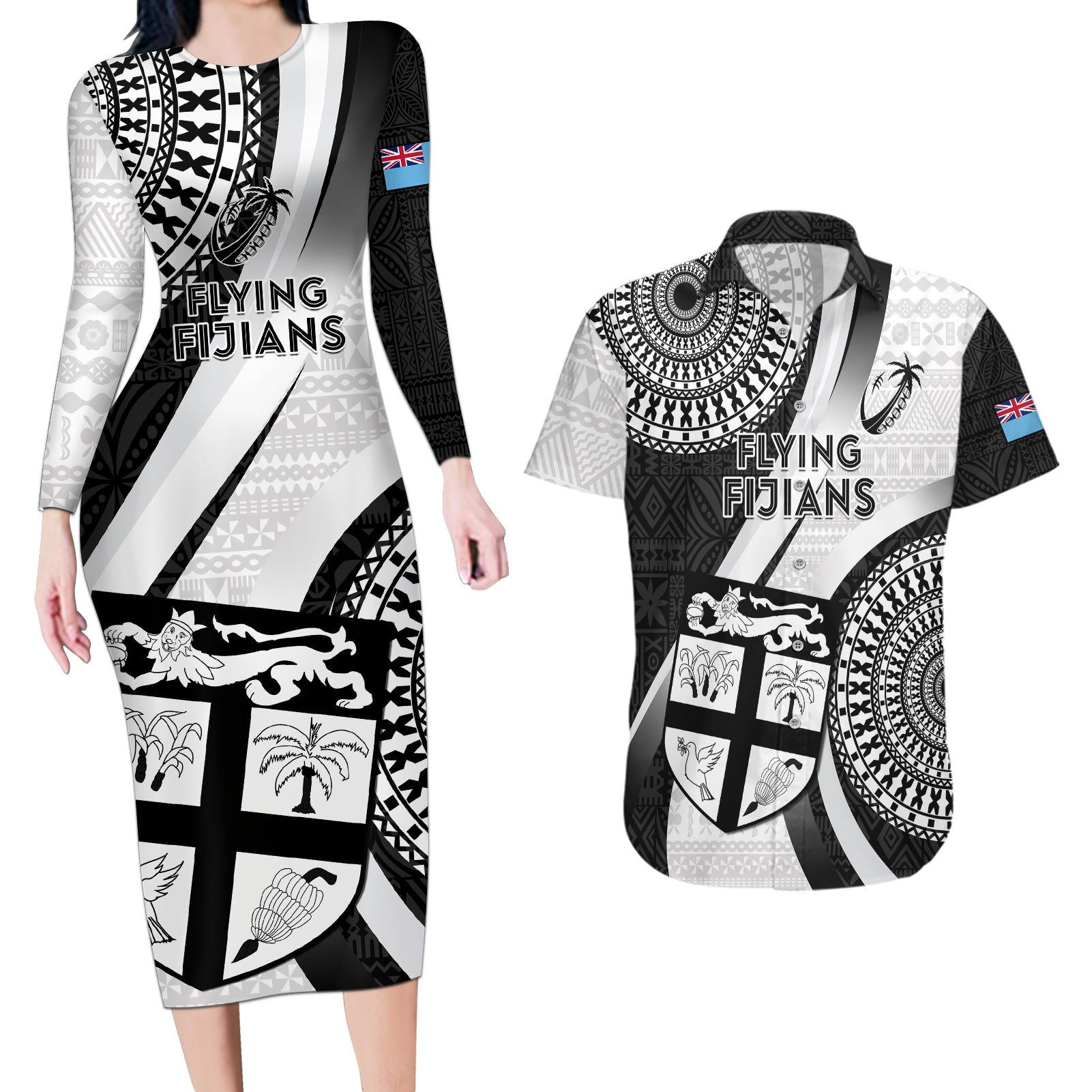 Custom Fiji Rugby Couples Matching Long Sleeve Bodycon Dress and Hawaiian Shirt World Cup 2023 Go Champions Fijian Tapa Black Version - Wonder Print Shop