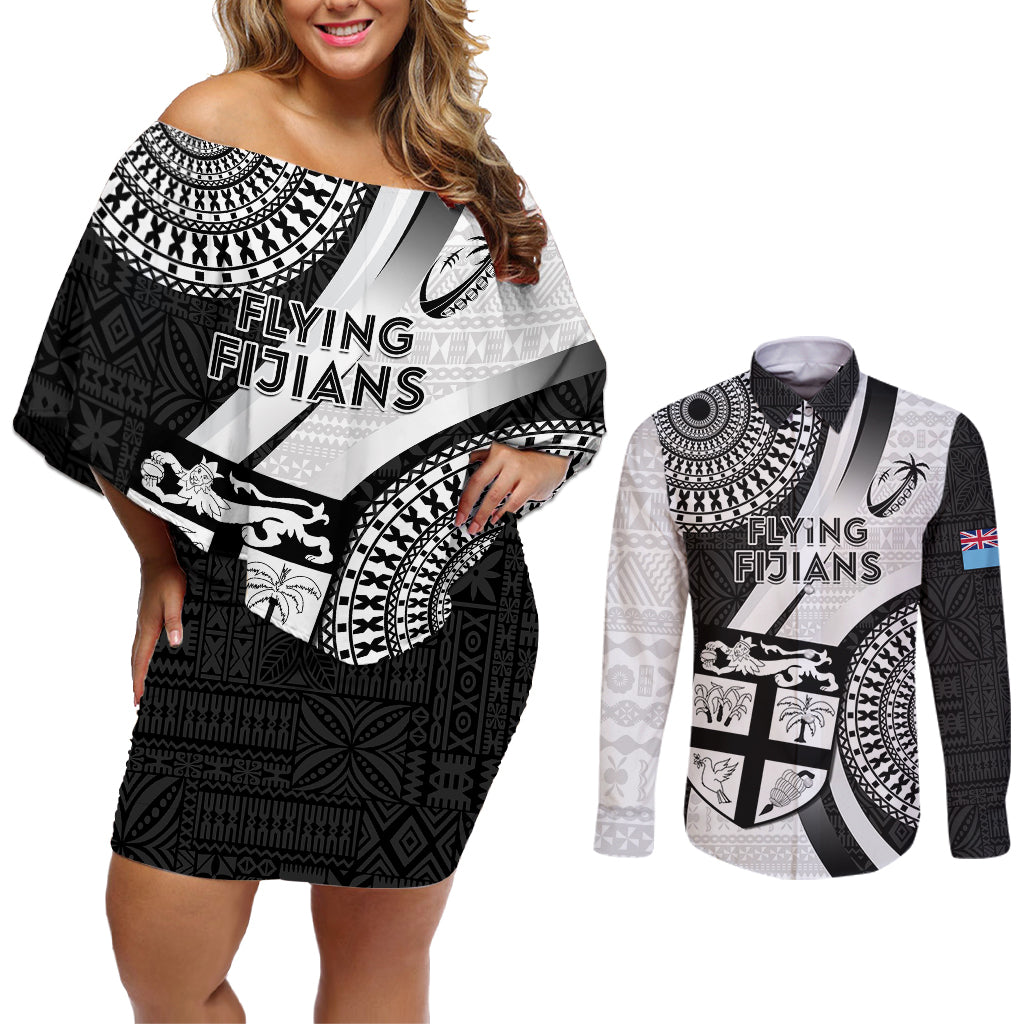 Custom Fiji Rugby Couples Matching Off Shoulder Short Dress and Long Sleeve Button Shirts World Cup 2023 Go Champions Fijian Tapa Black Version - Wonder Print Shop