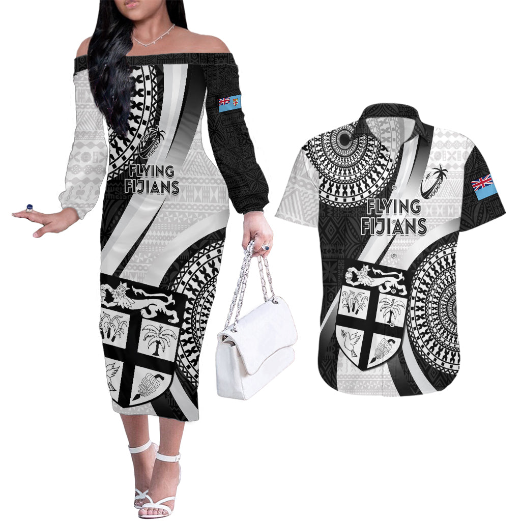 Custom Fiji Rugby Couples Matching Off The Shoulder Long Sleeve Dress and Hawaiian Shirt World Cup 2023 Go Champions Fijian Tapa Black Version - Wonder Print Shop