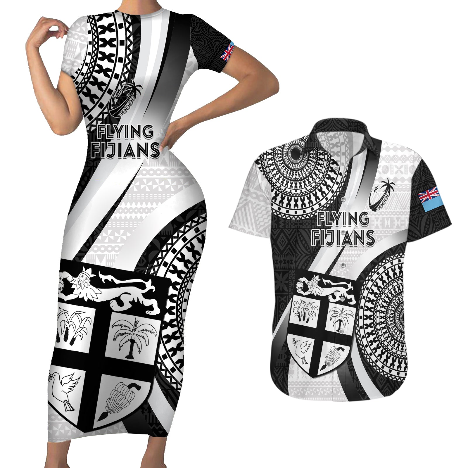 Custom Fiji Rugby Couples Matching Short Sleeve Bodycon Dress and Hawaiian Shirt World Cup 2023 Go Champions Fijian Tapa Black Version - Wonder Print Shop