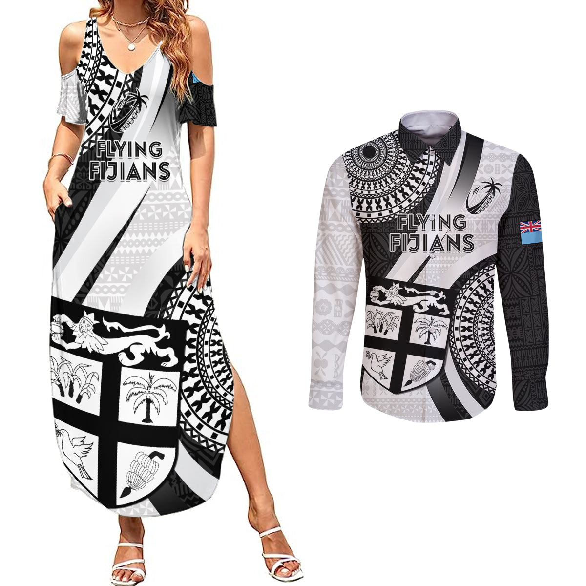 Custom Fiji Rugby Couples Matching Summer Maxi Dress and Long Sleeve Button Shirts World Cup 2023 Go Champions Fijian Tapa Black Version - Wonder Print Shop