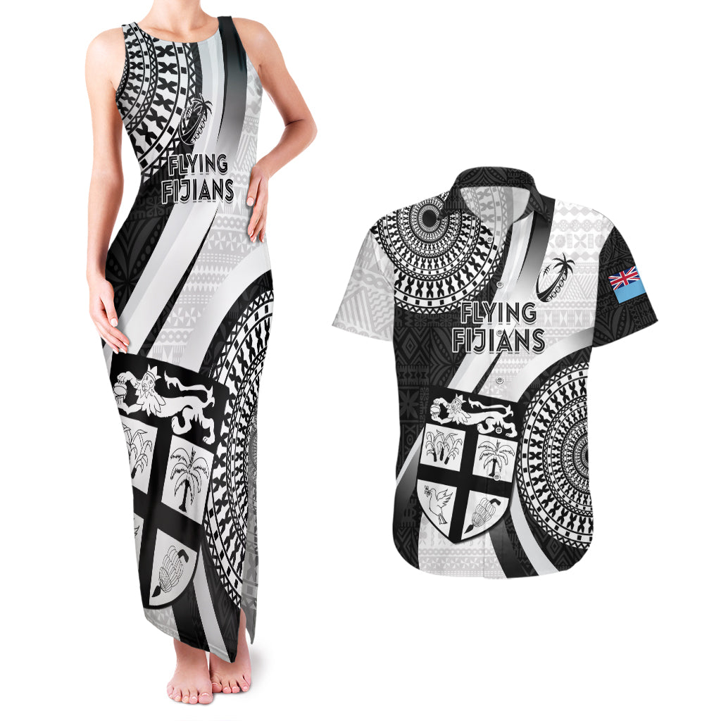 Custom Fiji Rugby Couples Matching Tank Maxi Dress and Hawaiian Shirt World Cup 2023 Go Champions Fijian Tapa Black Version - Wonder Print Shop