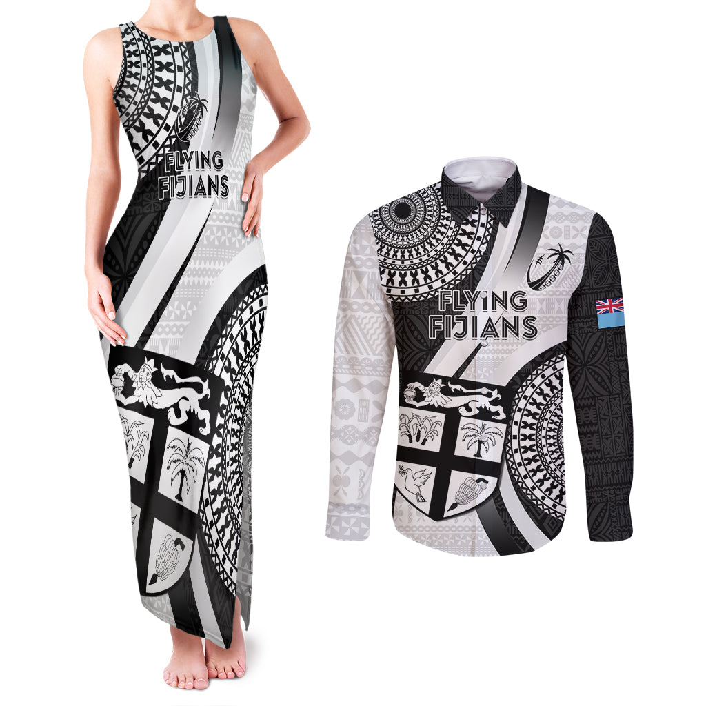 Custom Fiji Rugby Couples Matching Tank Maxi Dress and Long Sleeve Button Shirts World Cup 2023 Go Champions Fijian Tapa Black Version - Wonder Print Shop