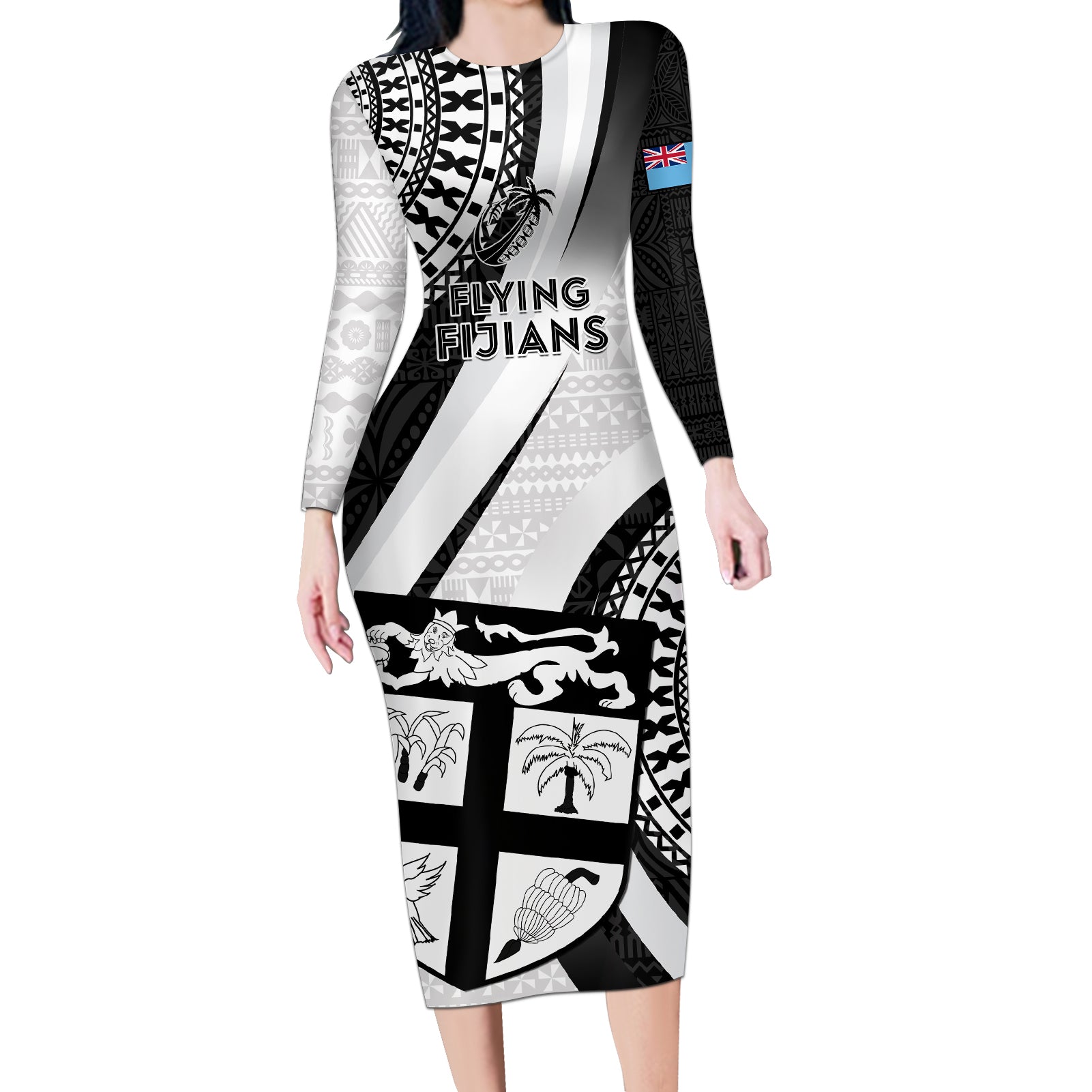 Custom Fiji Rugby Long Sleeve Bodycon Dress World Cup 2023 Go Champions Fijian Tapa Black Version - Wonder Print Shop