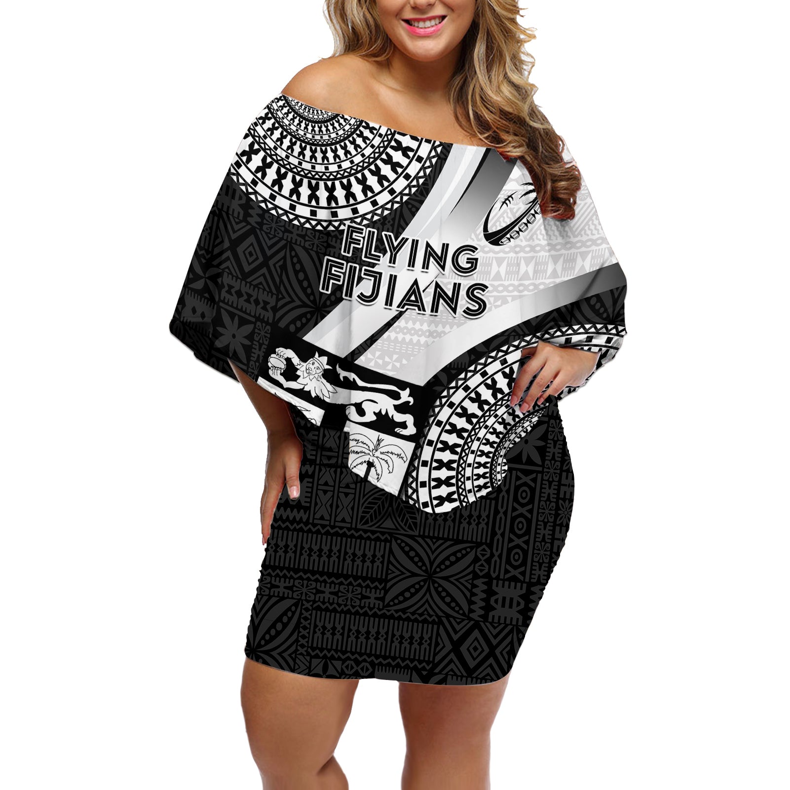 Custom Fiji Rugby Off Shoulder Short Dress World Cup 2023 Go Champions Fijian Tapa Black Version - Wonder Print Shop