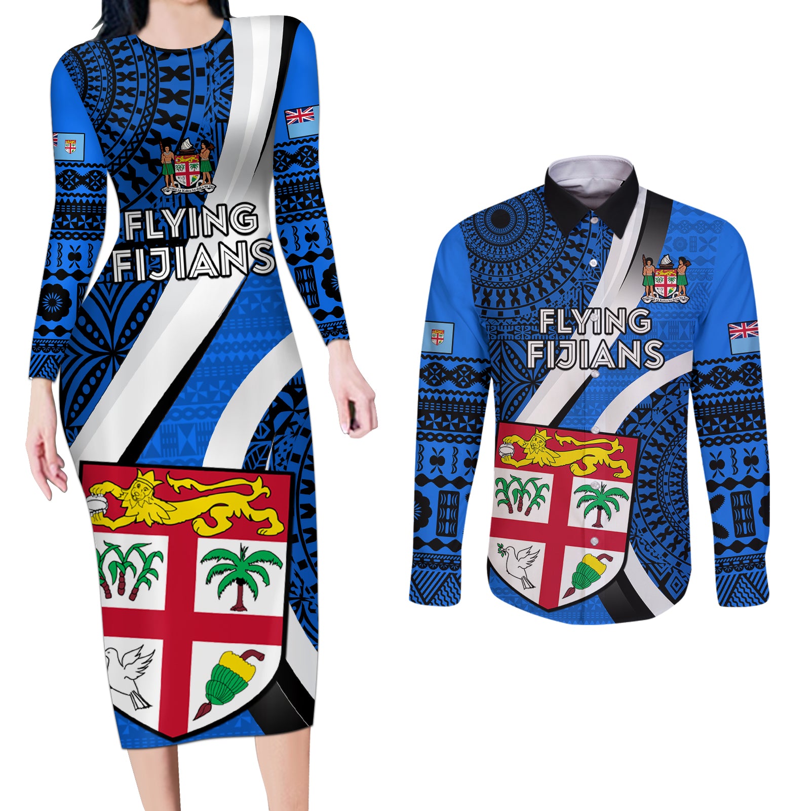 Custom Fiji Rugby Couples Matching Long Sleeve Bodycon Dress and Long Sleeve Button Shirts World Cup 2023 Go Champions Fijian Tapa Blue Version - Wonder Print Shop