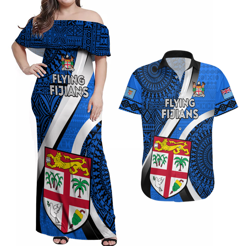 Custom Fiji Rugby Couples Matching Off Shoulder Maxi Dress and Hawaiian Shirt World Cup 2023 Go Champions Fijian Tapa Blue Version - Wonder Print Shop