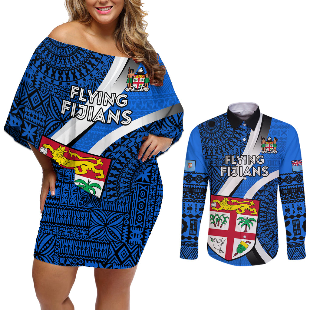 Custom Fiji Rugby Couples Matching Off Shoulder Short Dress and Long Sleeve Button Shirts World Cup 2023 Go Champions Fijian Tapa Blue Version - Wonder Print Shop