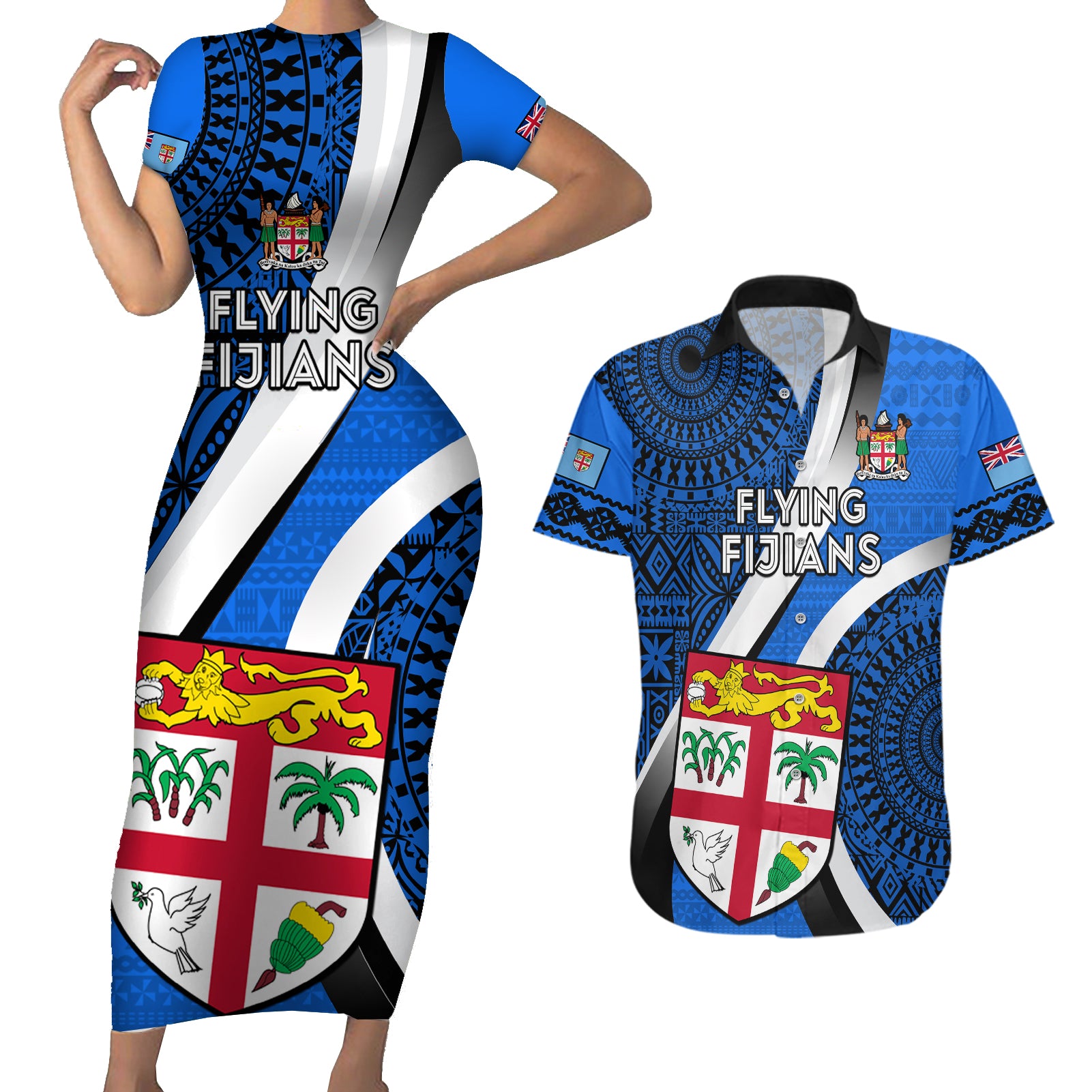 Custom Fiji Rugby Couples Matching Short Sleeve Bodycon Dress and Hawaiian Shirt World Cup 2023 Go Champions Fijian Tapa Blue Version - Wonder Print Shop