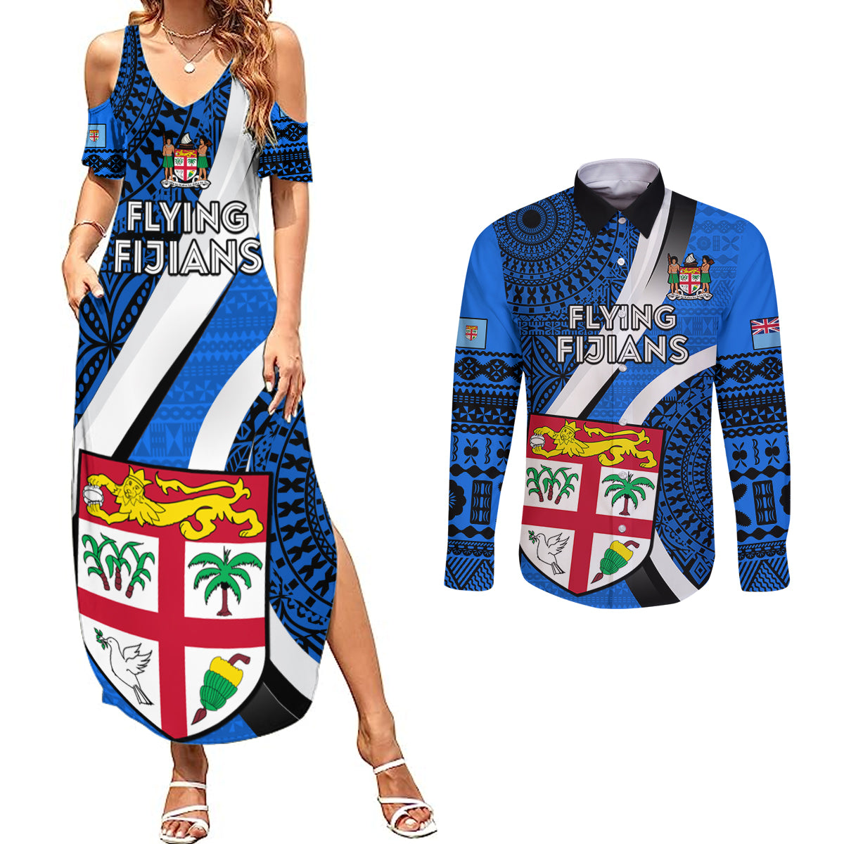 Custom Fiji Rugby Couples Matching Summer Maxi Dress and Long Sleeve Button Shirts World Cup 2023 Go Champions Fijian Tapa Blue Version - Wonder Print Shop