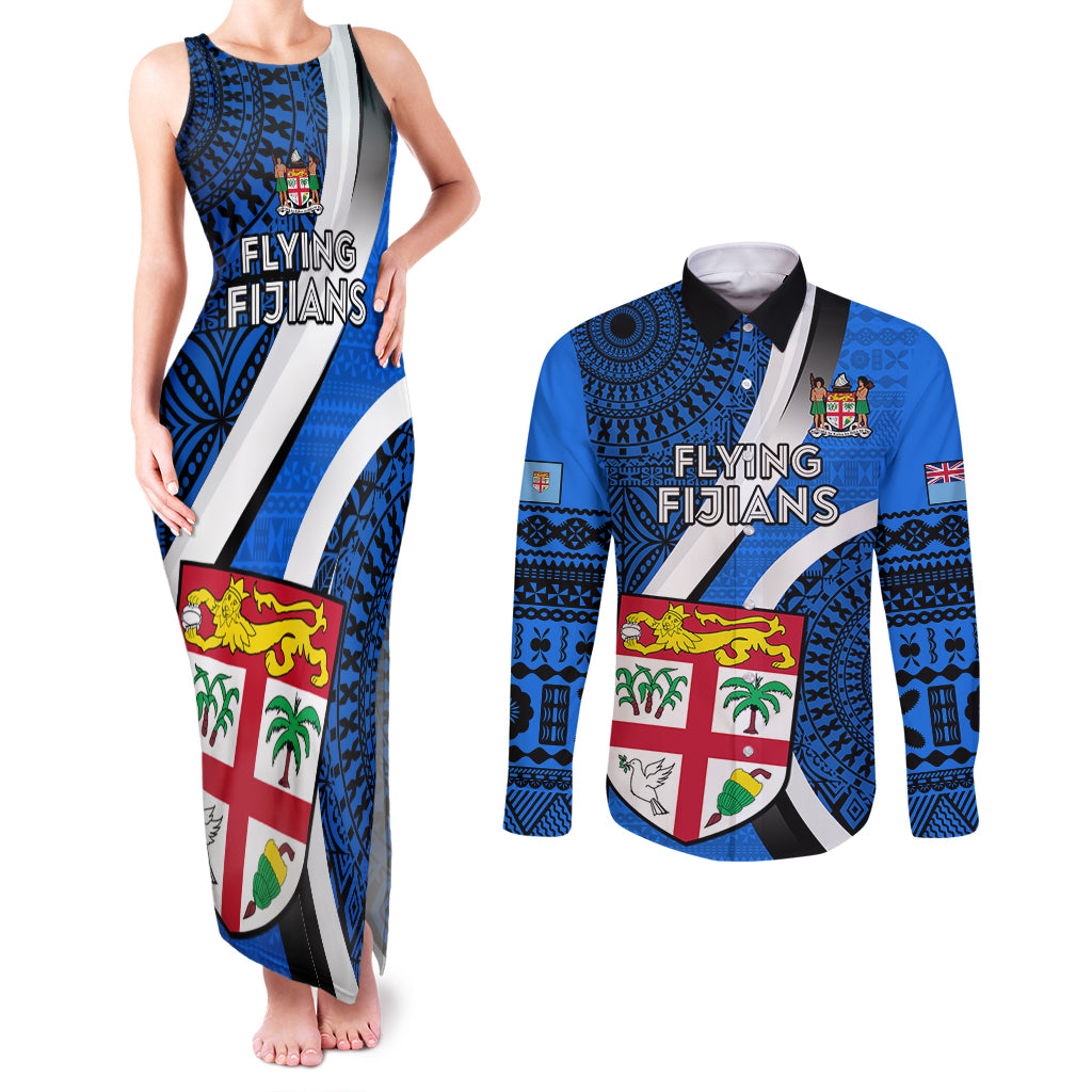 Custom Fiji Rugby Couples Matching Tank Maxi Dress and Long Sleeve Button Shirts World Cup 2023 Go Champions Fijian Tapa Blue Version - Wonder Print Shop