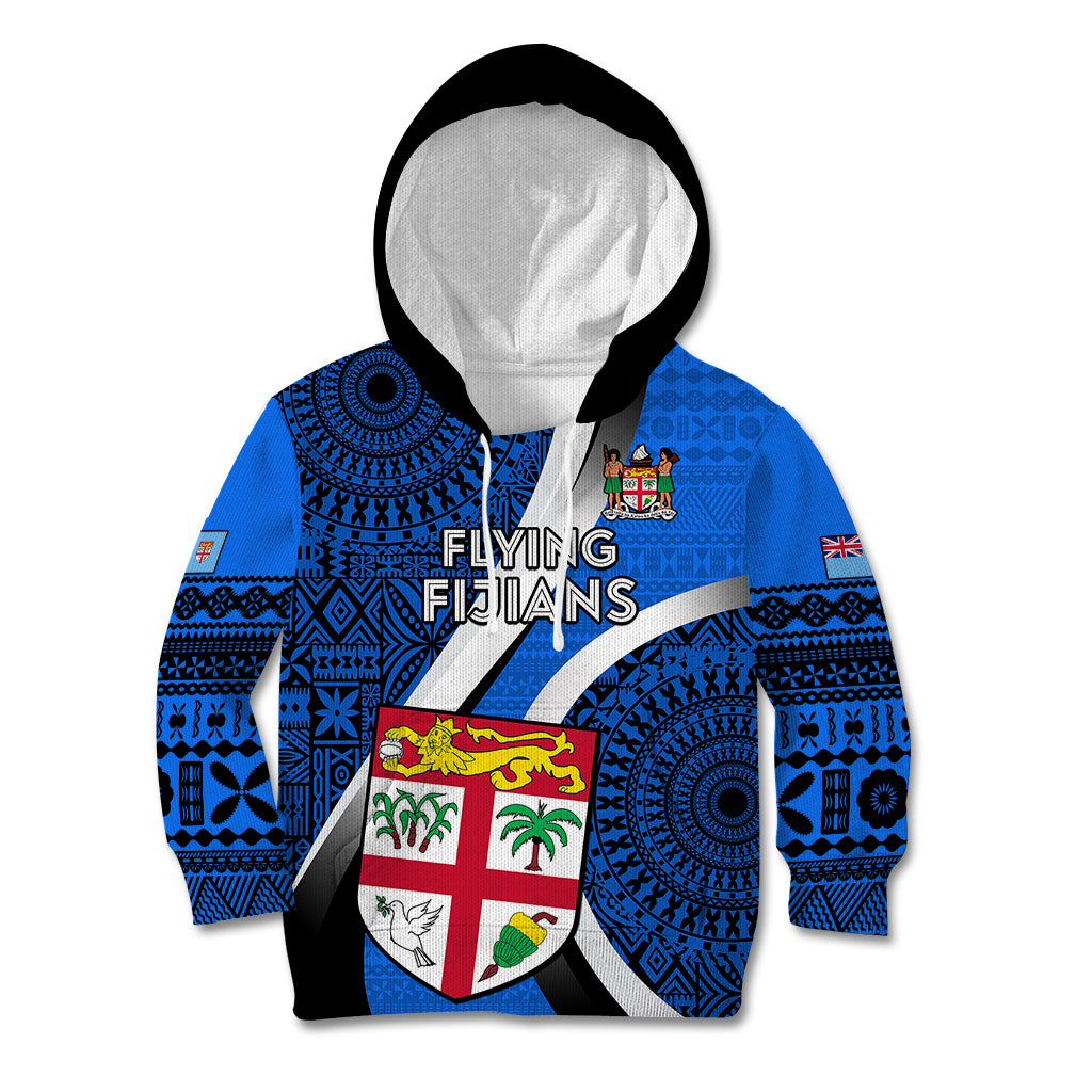 Custom Fiji Rugby Kid Hoodie World Cup 2023 Go Champions Fijian Tapa Blue Version - Wonder Print Shop