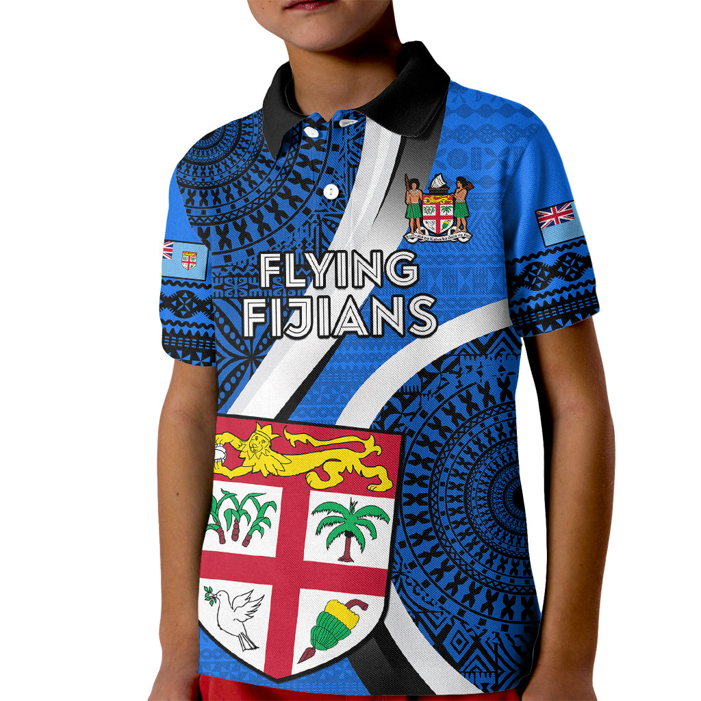 Custom Fiji Rugby Kid Polo Shirt World Cup 2023 Go Champions Fijian Tapa Blue Version - Wonder Print Shop