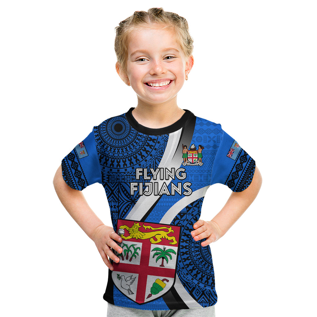 Custom Fiji Rugby Kid T Shirt World Cup 2023 Go Champions Fijian Tapa Blue Version - Wonder Print Shop