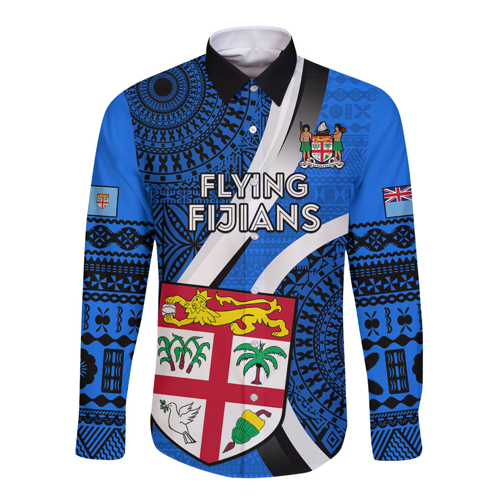 Custom Fiji Rugby Long Sleeve Button Shirt World Cup 2023 Go Champions Fijian Tapa Blue Version - Wonder Print Shop