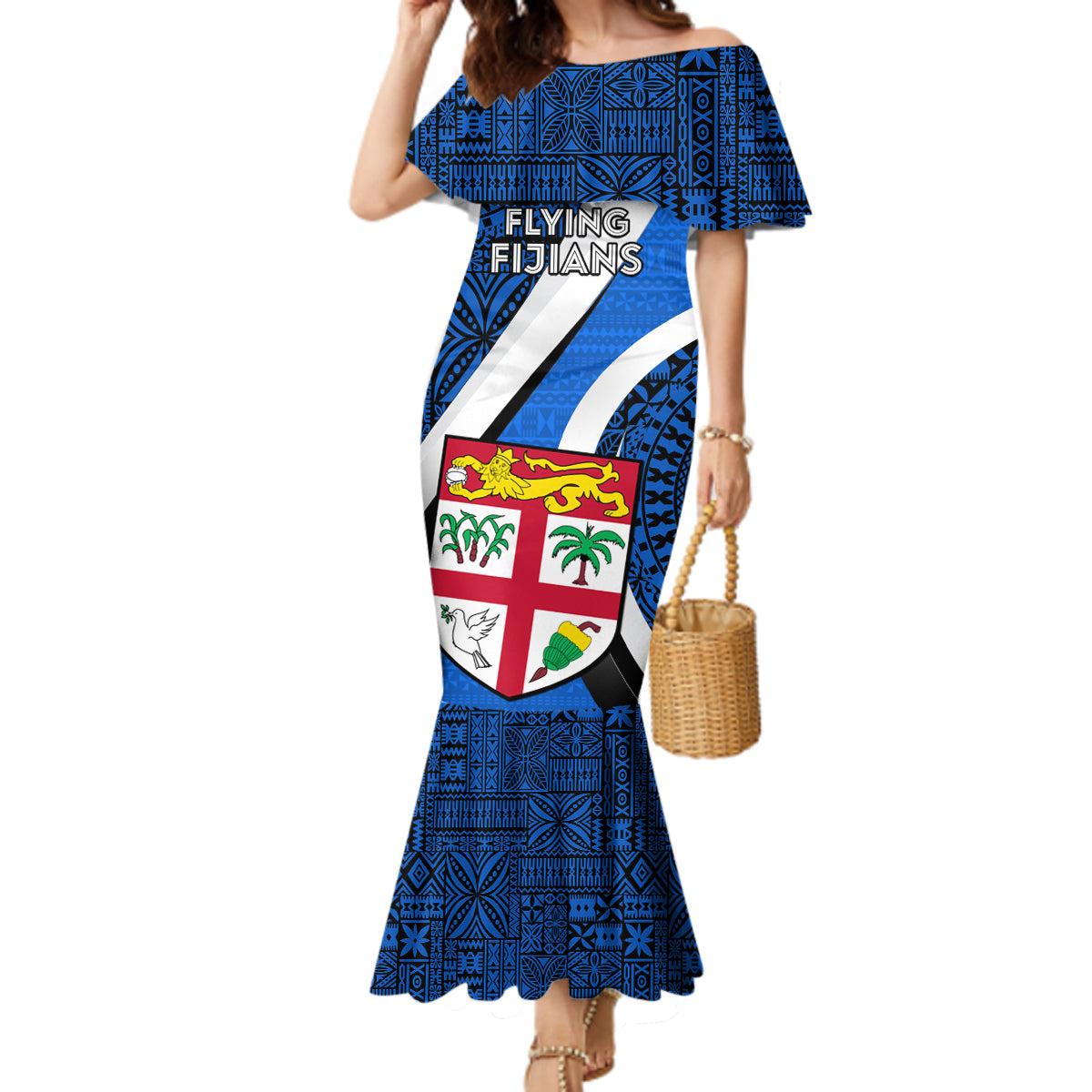 Custom Fiji Rugby Mermaid Dress World Cup 2023 Go Champions Fijian Tapa Blue Version - Wonder Print Shop