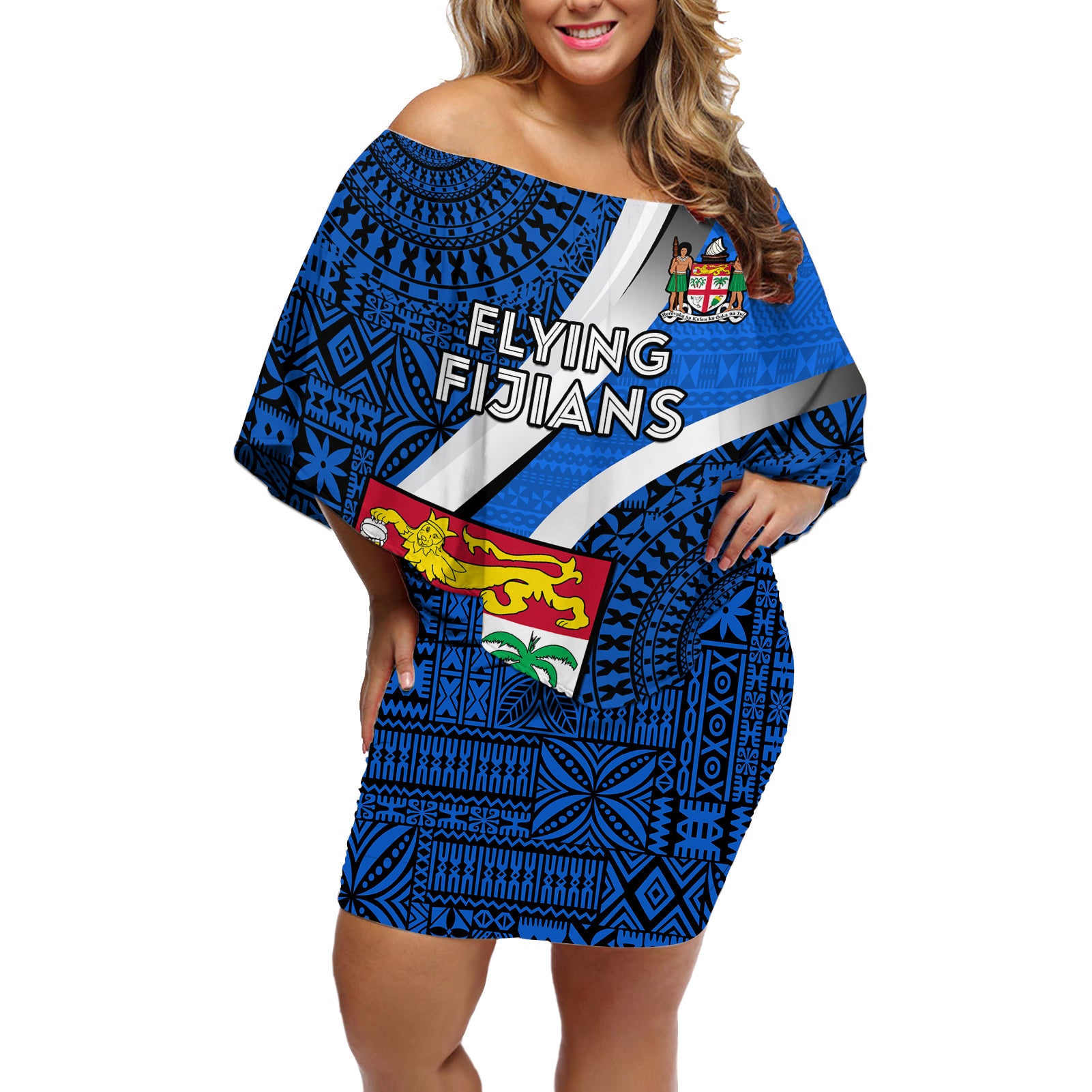 Custom Fiji Rugby Off Shoulder Short Dress World Cup 2023 Go Champions Fijian Tapa Blue Version - Wonder Print Shop