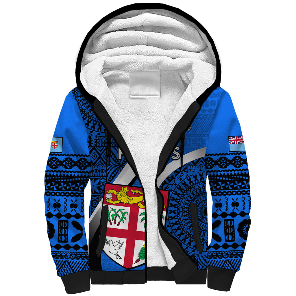 Custom Fiji Rugby Sherpa Hoodie World Cup 2023 Go Champions Fijian Tapa Blue Version - Wonder Print Shop