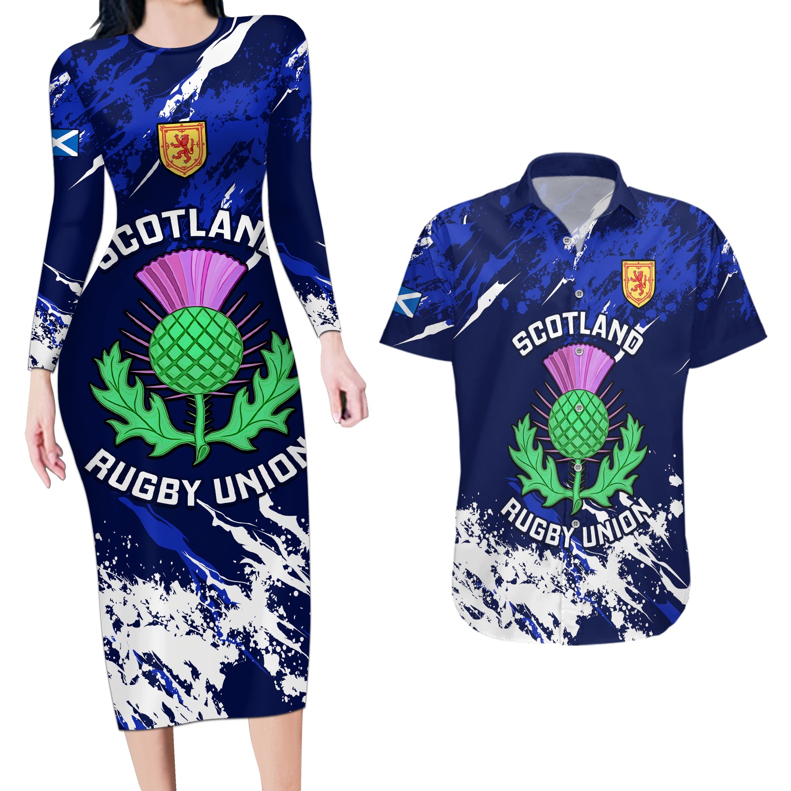 Scotland Rugby Couples Matching Long Sleeve Bodycon Dress and Hawaiian Shirt World Cup 2023 Go Scottish Thistle Grunge Style - Wonder Print Shop