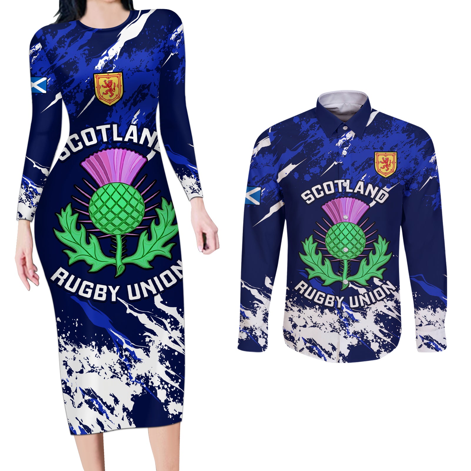 Scotland Rugby Couples Matching Long Sleeve Bodycon Dress and Long Sleeve Button Shirts World Cup 2023 Go Scottish Thistle Grunge Style - Wonder Print Shop