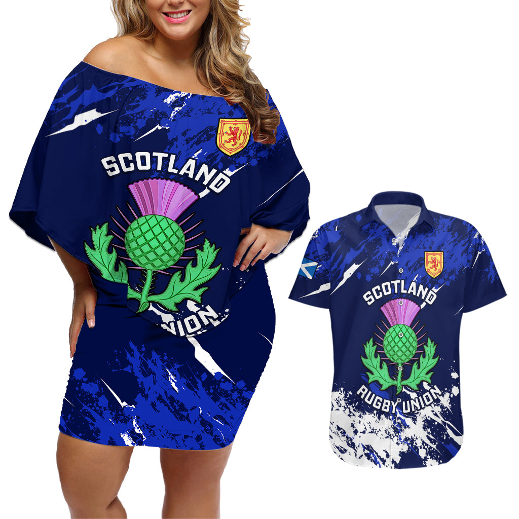 Scotland Rugby Couples Matching Off Shoulder Short Dress and Hawaiian Shirt World Cup 2023 Go Scottish Thistle Grunge Style - Wonder Print Shop