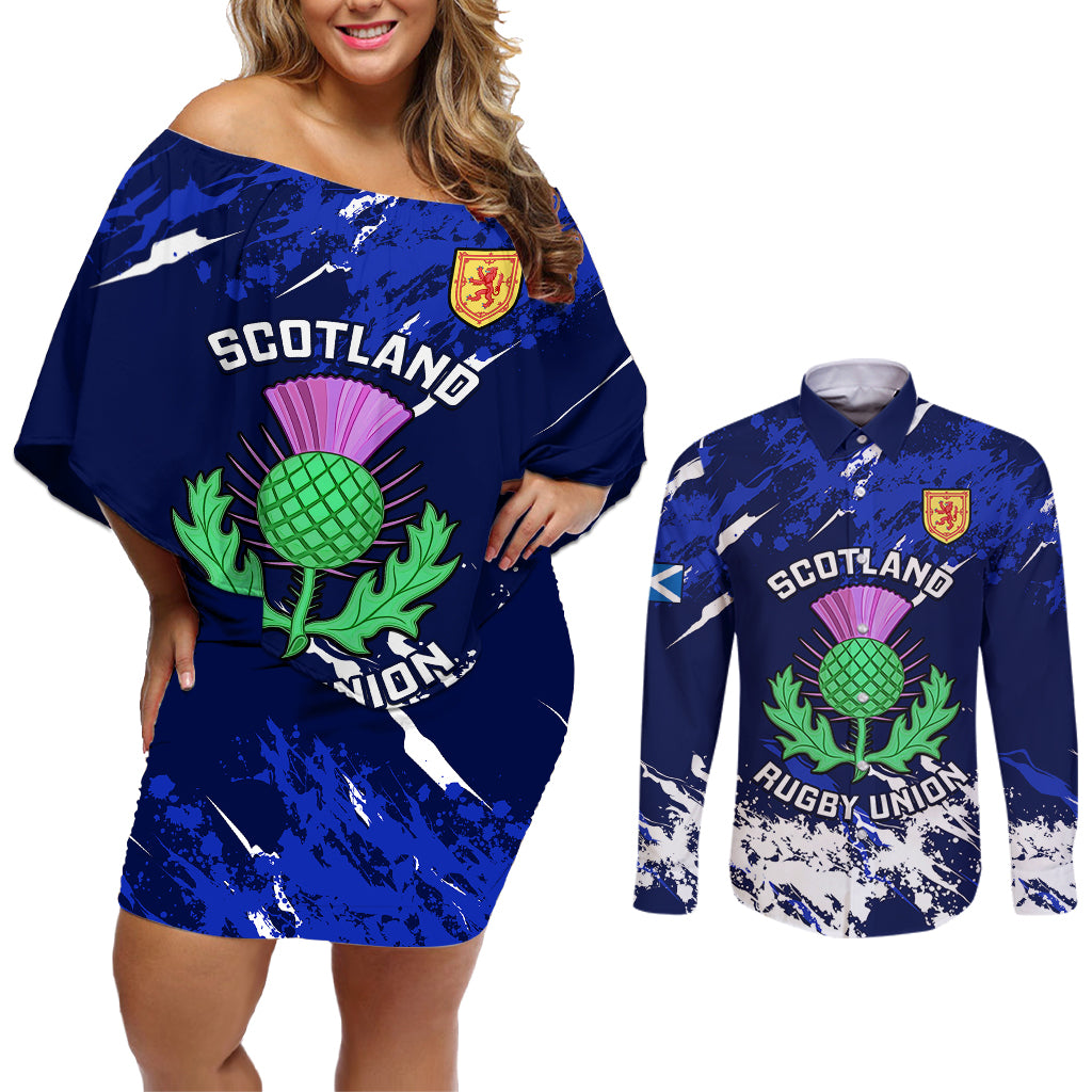 Scotland Rugby Couples Matching Off Shoulder Short Dress and Long Sleeve Button Shirts World Cup 2023 Go Scottish Thistle Grunge Style - Wonder Print Shop