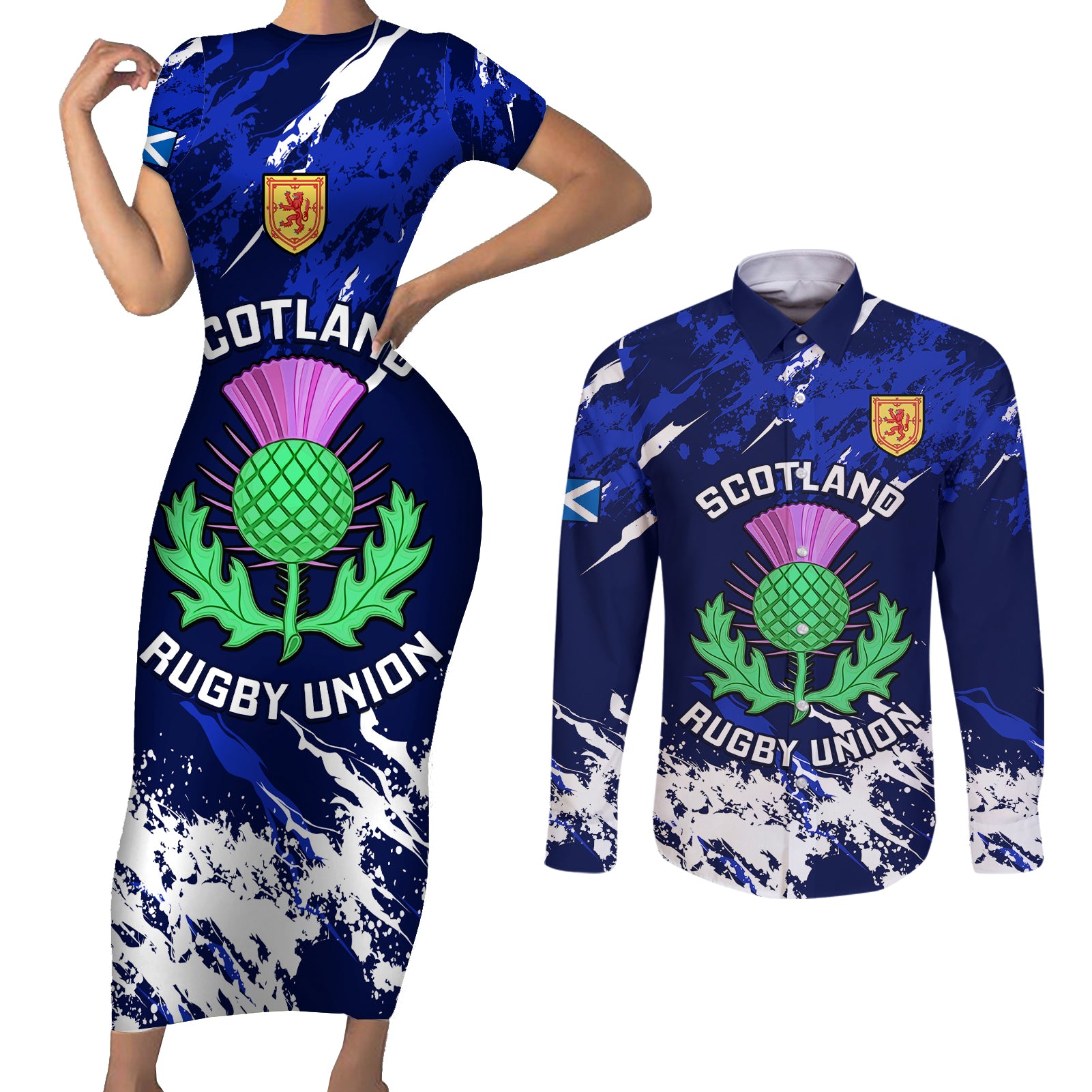 Scotland Rugby Couples Matching Short Sleeve Bodycon Dress and Long Sleeve Button Shirts World Cup 2023 Go Scottish Thistle Grunge Style - Wonder Print Shop