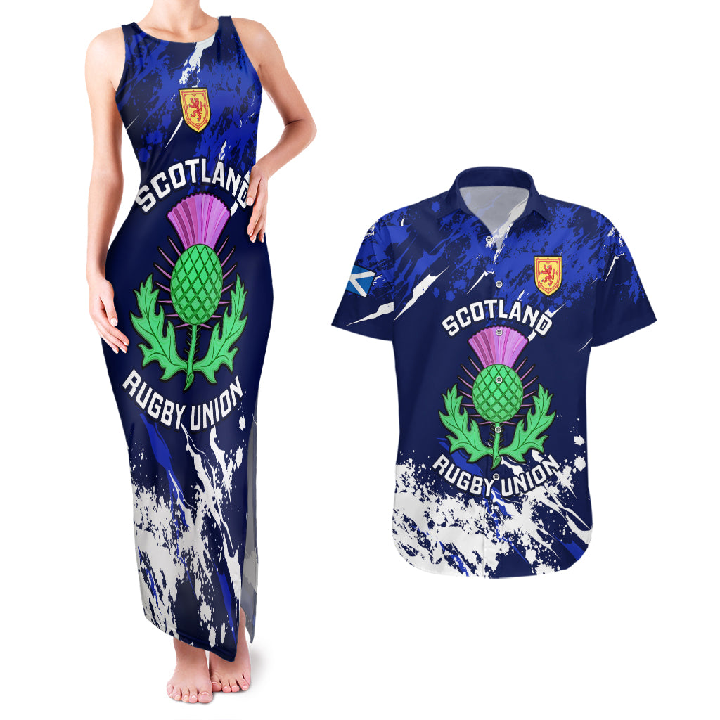 Scotland Rugby Couples Matching Tank Maxi Dress and Hawaiian Shirt World Cup 2023 Go Scottish Thistle Grunge Style - Wonder Print Shop