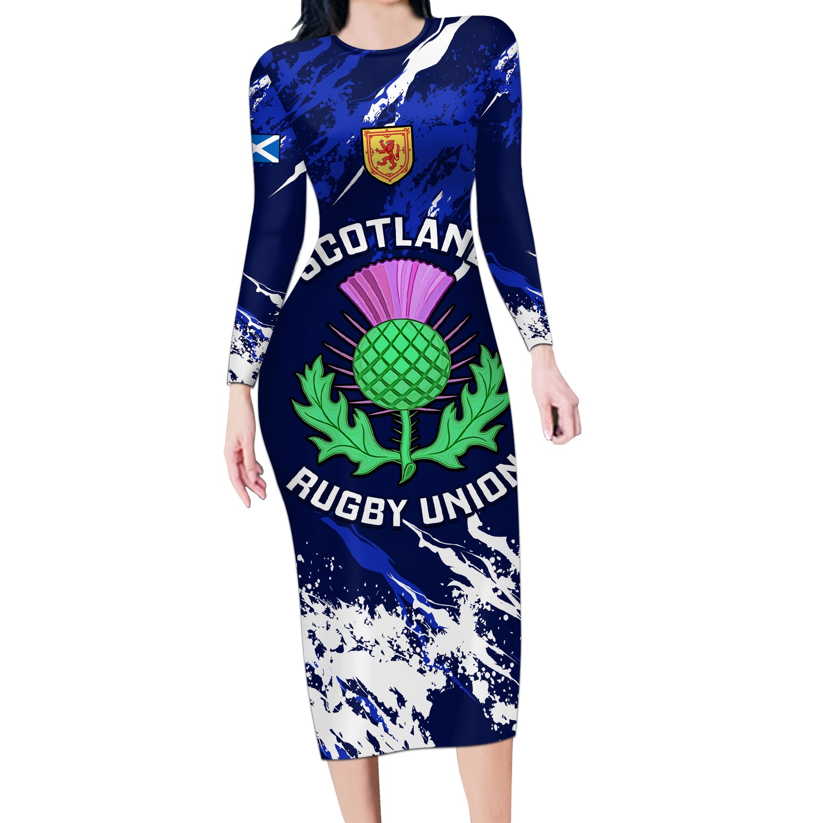 Scotland Rugby Long Sleeve Bodycon Dress World Cup 2023 Go Scottish Thistle Grunge Style - Wonder Print Shop