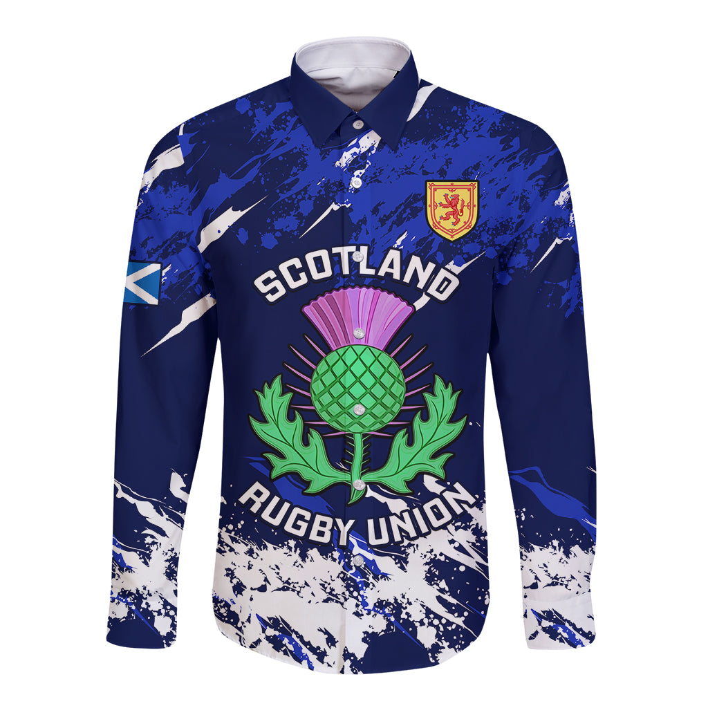 Scotland Rugby Long Sleeve Button Shirt World Cup 2023 Go Scottish Thistle Grunge Style - Wonder Print Shop