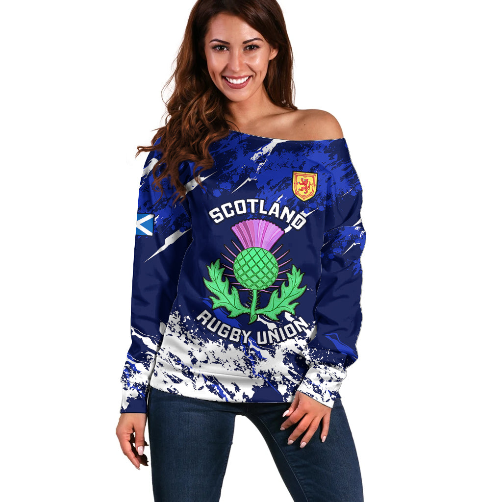 Scotland Rugby Off Shoulder Sweater World Cup 2023 Go Scottish Thistle Grunge Style - Wonder Print Shop