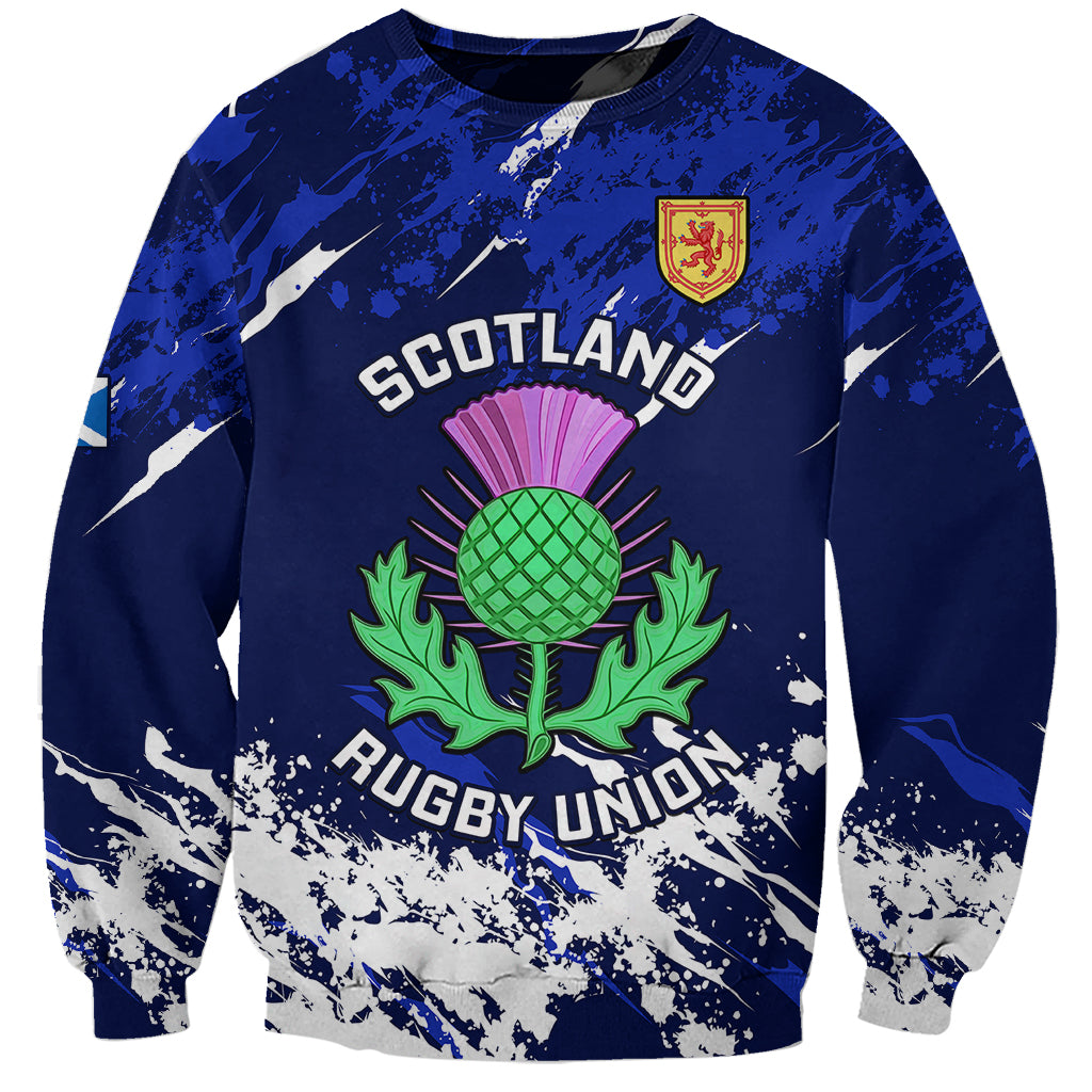 Blue rugby sweatshirt with Scotland crest, thistle graphic, long sleeves