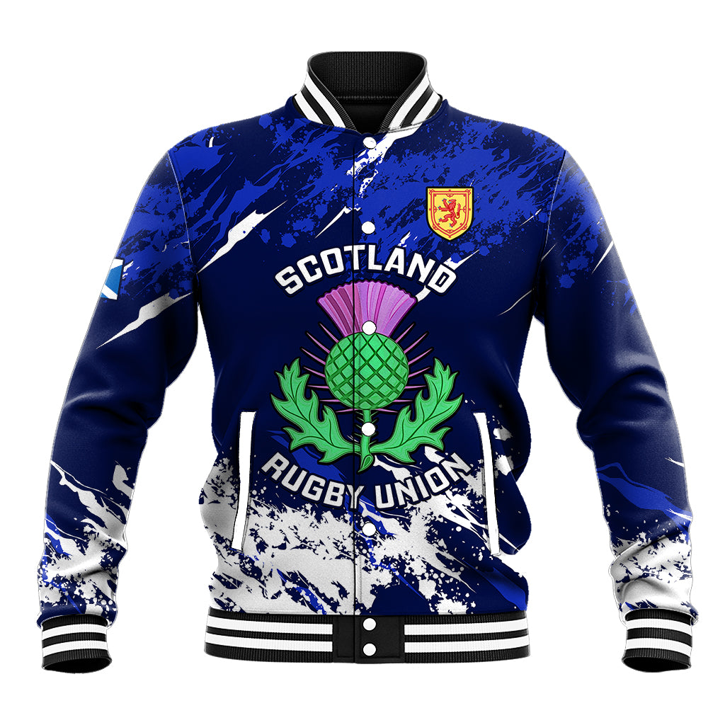 Blue rugby baseball jacket with white sleeves, stripe collar, crest and thistle graphic
