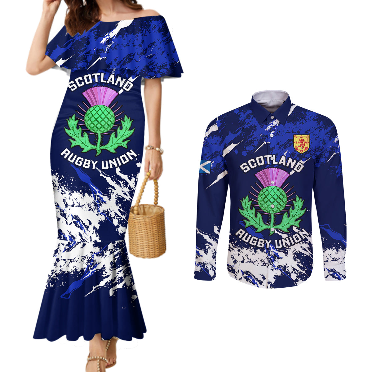 custom-scotland-rugby-couples-matching-mermaid-dress-and-long-sleeve-button-shirts-world-cup-2023-go-scottish-thistle-grunge-style