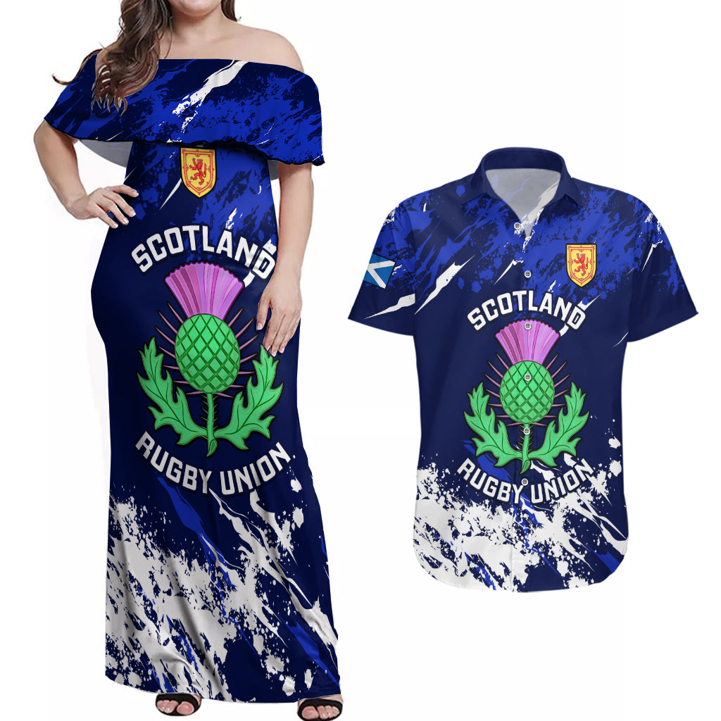 Custom Scotland Rugby Couples Matching Off Shoulder Maxi Dress and Hawaiian Shirt World Cup 2023 Go Scottish Thistle Grunge Style - Wonder Print Shop