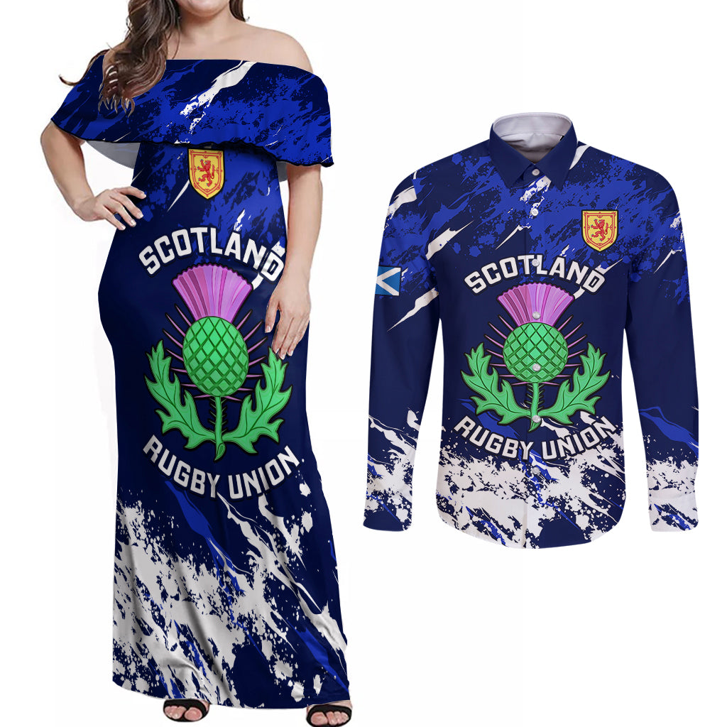 Custom Scotland Rugby Couples Matching Off Shoulder Maxi Dress and Long Sleeve Button Shirts World Cup 2023 Go Scottish Thistle Grunge Style - Wonder Print Shop