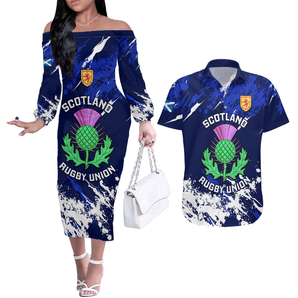 Custom Scotland Rugby Couples Matching Off The Shoulder Long Sleeve Dress and Hawaiian Shirt World Cup 2023 Go Scottish Thistle Grunge Style - Wonder Print Shop