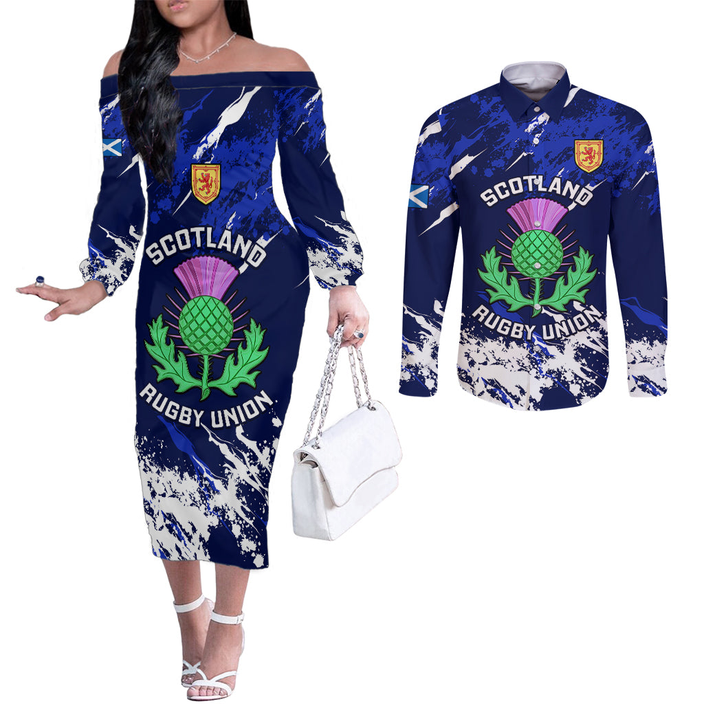 custom-scotland-rugby-couples-matching-off-the-shoulder-long-sleeve-dress-and-long-sleeve-button-shirts-world-cup-2023-go-scottish-thistle-grunge-style