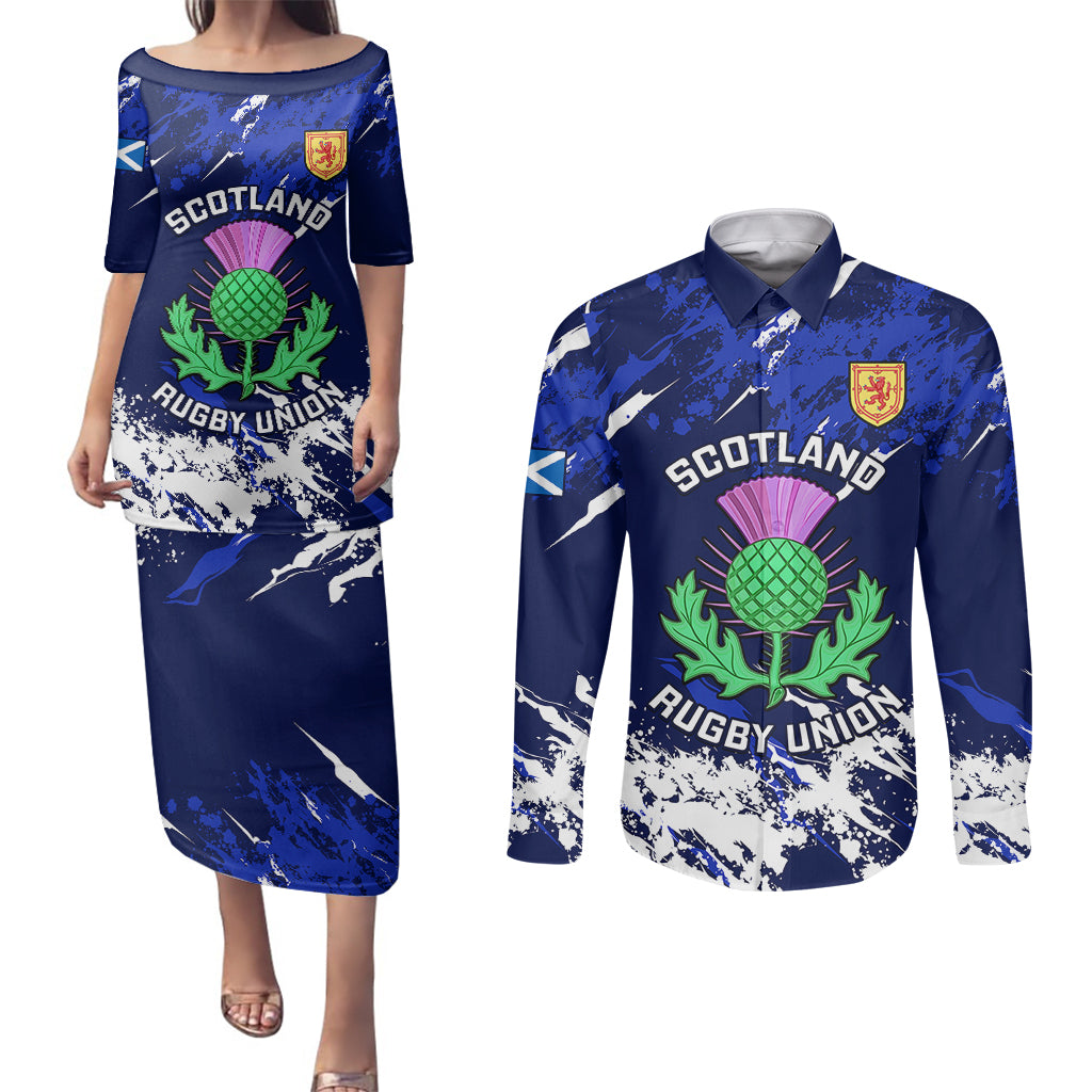 Custom Scotland Rugby Couples Matching Puletasi Dress and Long Sleeve Button Shirts World Cup 2023 Go Scottish Thistle Grunge Style - Wonder Print Shop