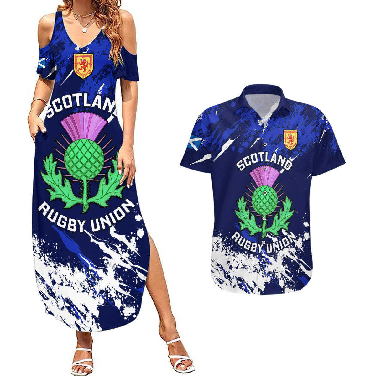 Custom Scotland Rugby Couples Matching Summer Maxi Dress and Hawaiian Shirt World Cup 2023 Go Scottish Thistle Grunge Style - Wonder Print Shop