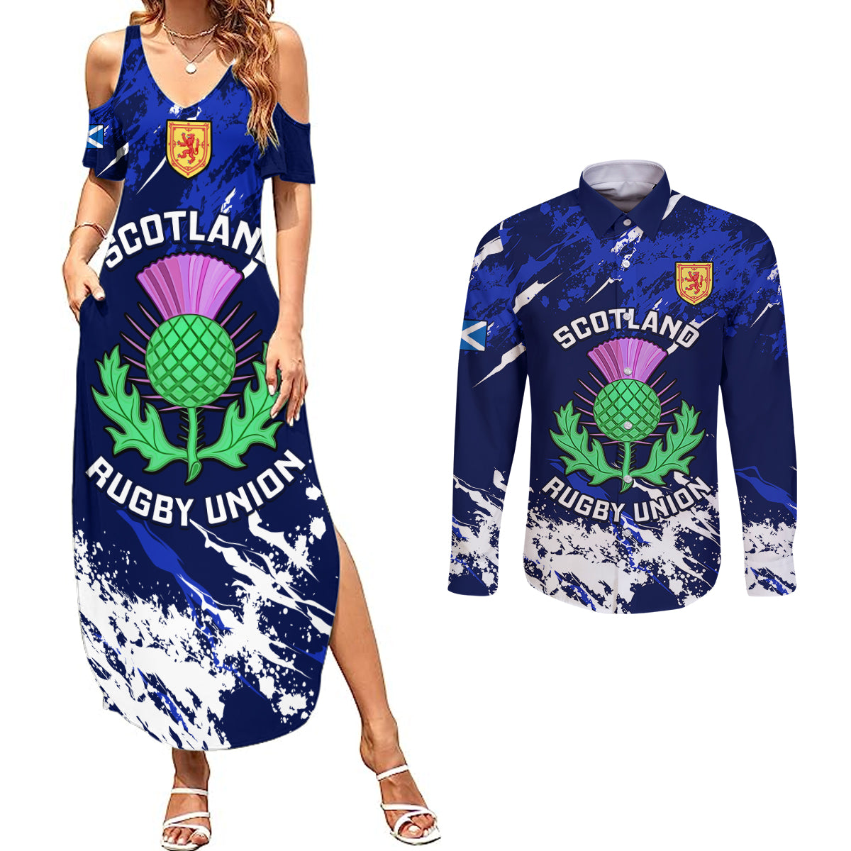 Custom Scotland Rugby Couples Matching Summer Maxi Dress and Long Sleeve Button Shirts World Cup 2023 Go Scottish Thistle Grunge Style - Wonder Print Shop