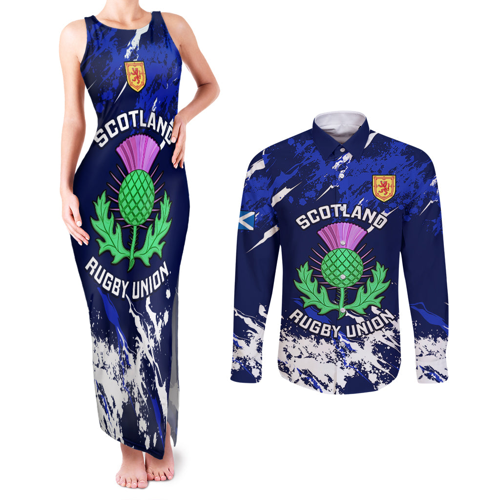 Custom Scotland Rugby Couples Matching Tank Maxi Dress and Long Sleeve Button Shirts World Cup 2023 Go Scottish Thistle Grunge Style - Wonder Print Shop