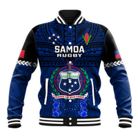 Blue Samoa rugby baseball jacket, striped varsity collar, full-zip front crest and stars