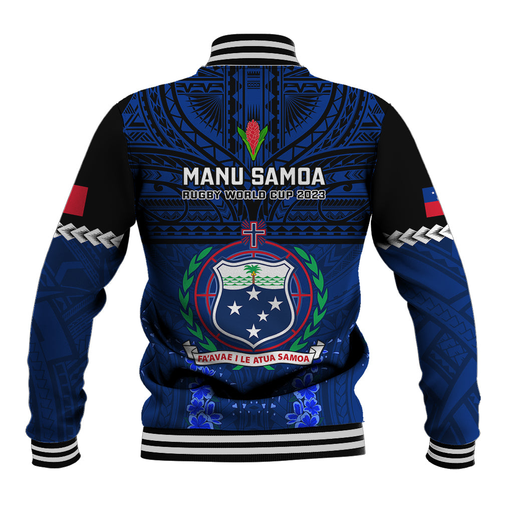 Blue rugby baseball jacket back, striped varsity collar and cuffs, crest with large text
