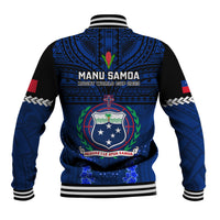 Blue rugby baseball jacket back, striped varsity collar and cuffs, crest with large text