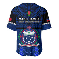 Blue rugby baseball jersey back with 'MANU SAMOA' text and Rugby World Cup 2023 logo.