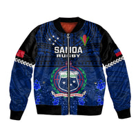 Blue rugby bomber jacket with black sleeves, full zip, and Samoa crest front graphic