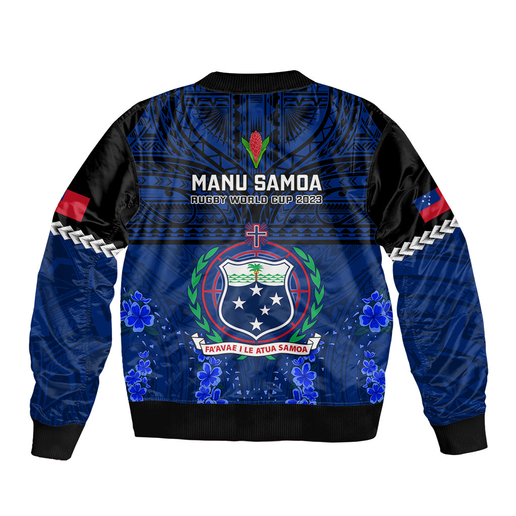 Blue rugby bomber jacket with black back, full zip, and MANU SAMOA crest graphic