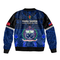 Blue rugby bomber jacket with black back, full zip, and MANU SAMOA crest graphic