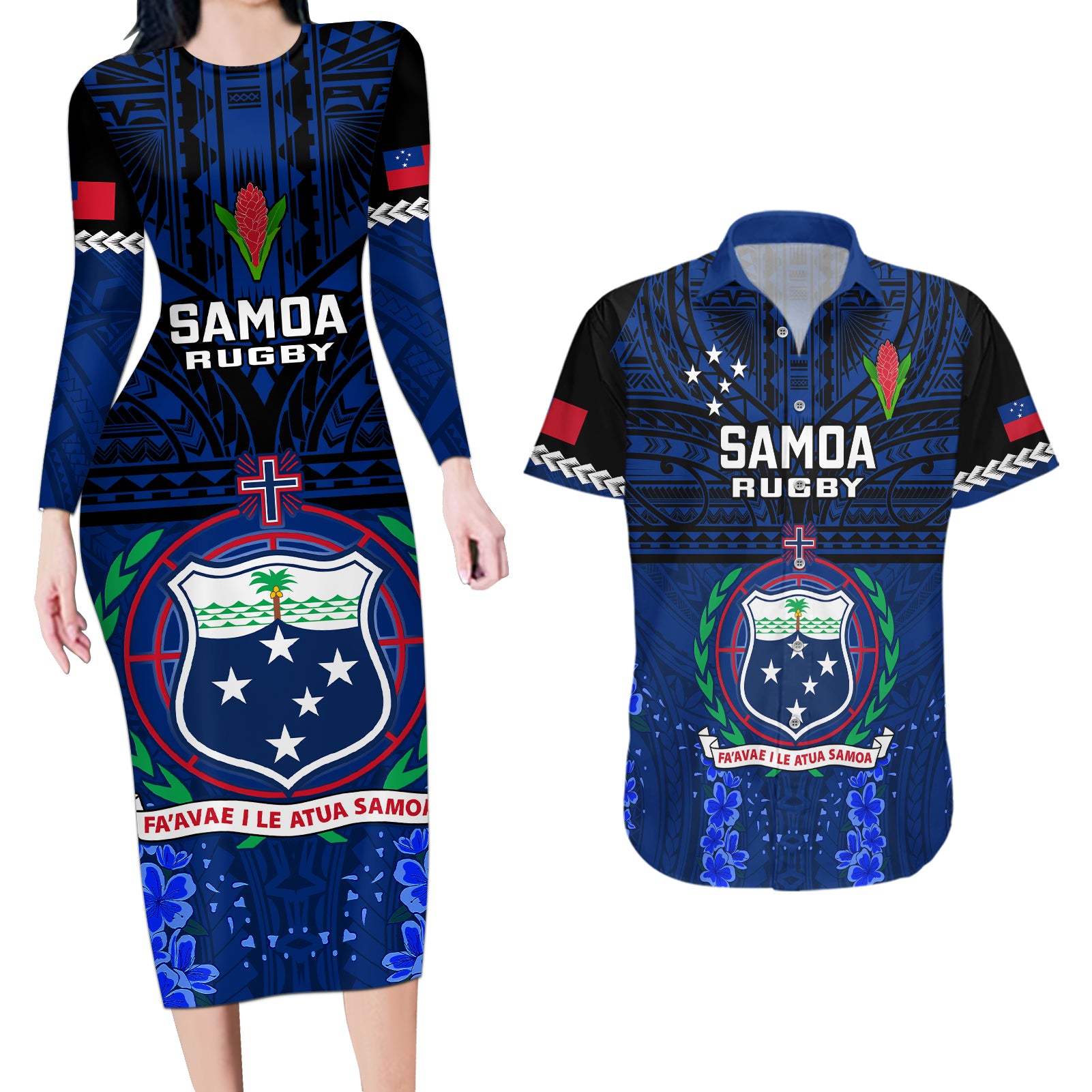 Samoa Rugby Couples Matching Long Sleeve Bodycon Dress and Hawaiian Shirt World Cup 2023 Go Champions Manu Samoa - Wonder Print Shop